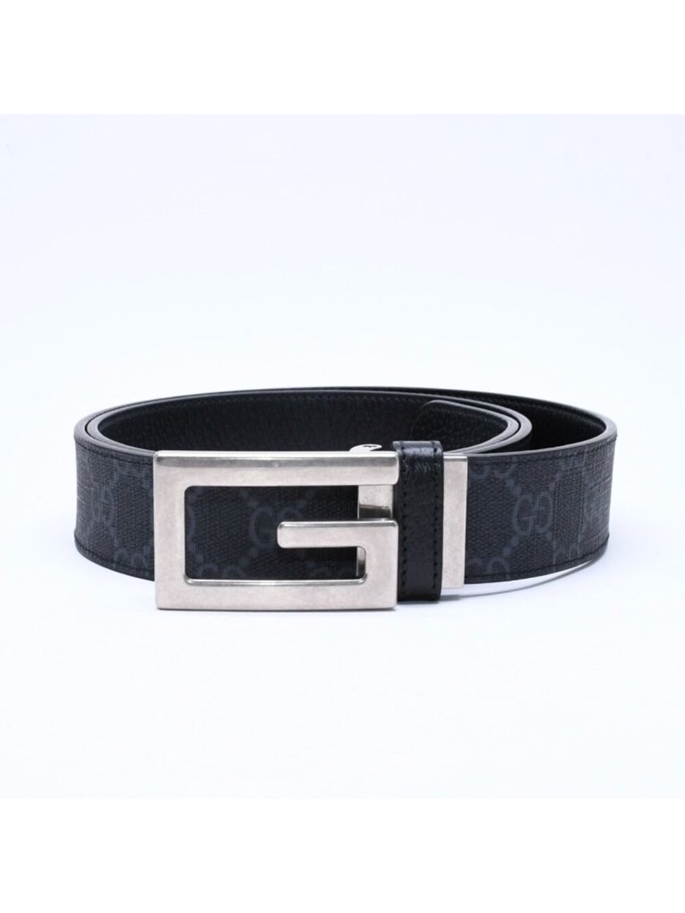 Gucci Square G Buckle Reversible Belt GG Supreme Canvas Black Gray